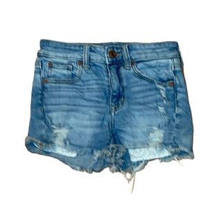 American Eagle Super Stretch highly distressed jean shorts, medium blue denim, 0